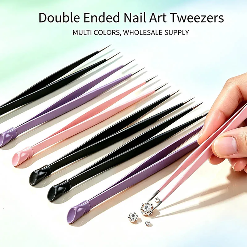 20PCS Double Ended Nail Art Tweezers Silicone Pressing Head Manicure Tool Picking Rhinestones Stickers Crystal Decoration