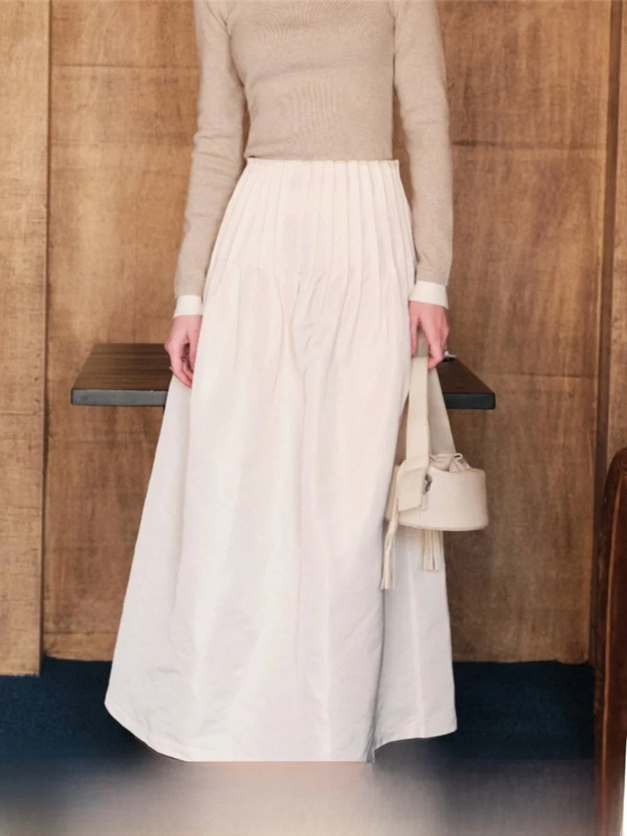 

Slimming Pleated High Waist Puffy Skirt Midi Skirt CHILL ZOEY Commute Sle Nylon Fiber Straight Cut Long Pure Color Skirt