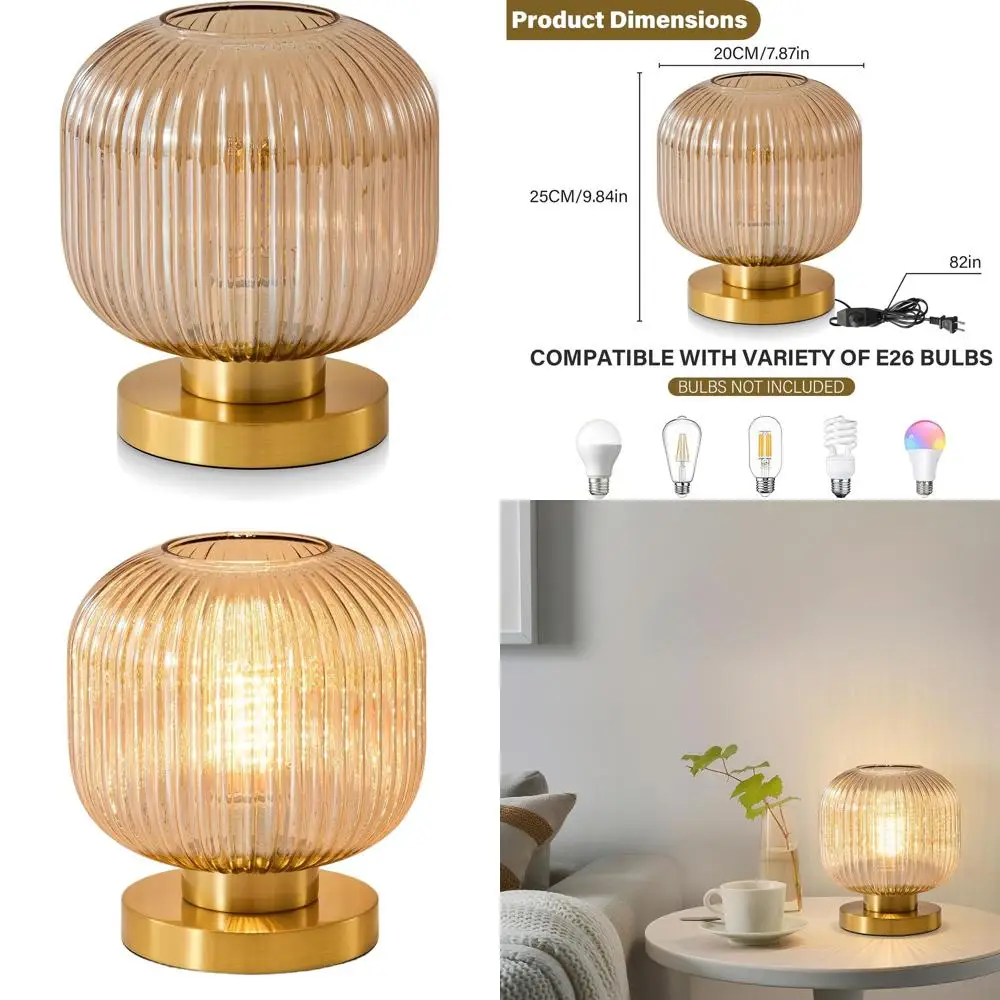 

Mid-Century Amber Glass Desk Lamp: Vintage Brass Nightstand Light, Dimmable for Bedroom, Living Room, Office (Bulb Not Included)