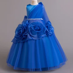 Autumn and Winter Girls' New Large Flower Asymmetric Sleeveless Long Mesh Princess Dress Christmas Wedding Party Dress