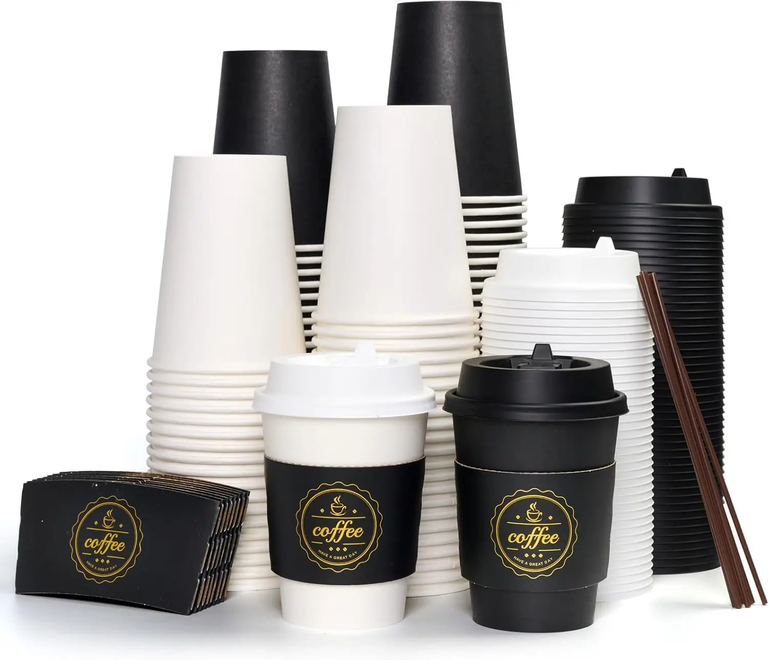 

100 Pack 12 oz Disposable Coffee Cups Hot Beverage Paper Coffee Cups with Lids, Sleeves and Stirrers (Black and White)