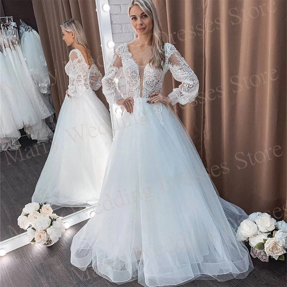 Graceful Modern A Line Women's Wedding Dresses Exquisite Appliques Lace Up Bride Gowns Generous Long Sleeve Vestidos De Novias