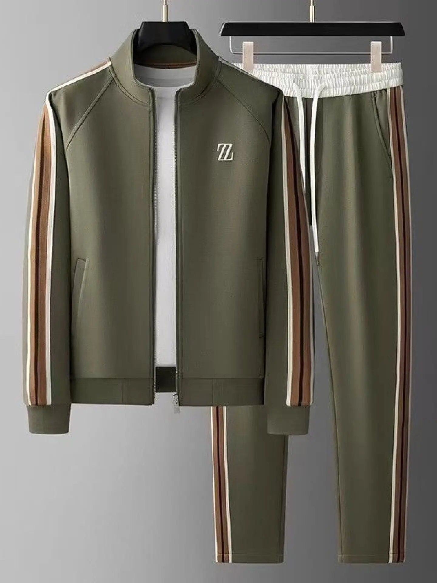 بدلة رياضية رجالية أنيقة للخريف بأكمام طويلة وياقة عالية، طقم كاجوال من قطعتين مع بنطلون مستقيم الساق