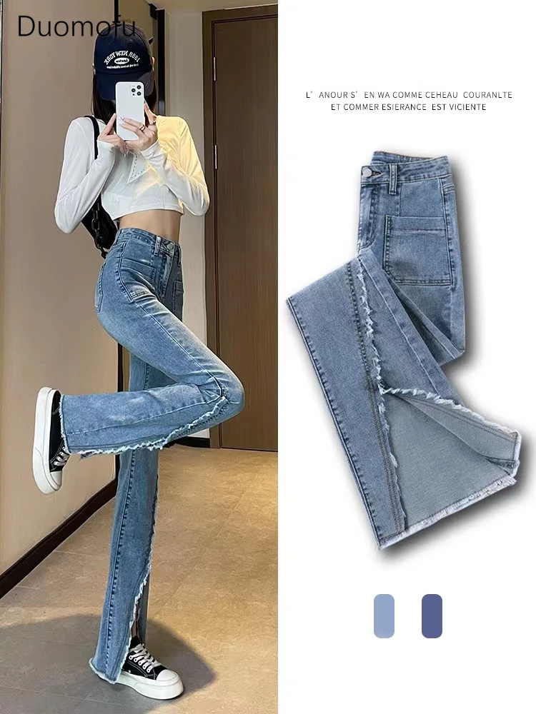 Duomofu Chicly Split Vintage High Waist Slim Female Flare Jeans Summer New Simple Zipper Button Fashion S-XL Casual Women Jeans