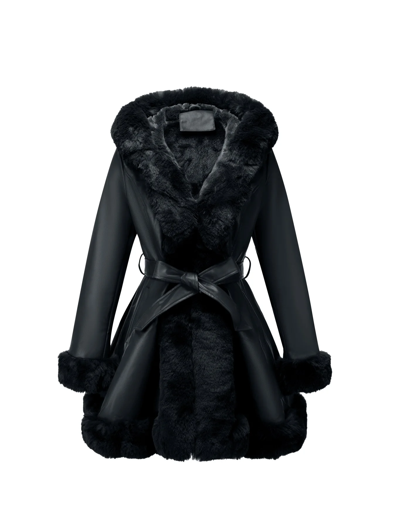 Moda de invierno para mujer |   Chaqueta de PU de lujo con forro, capucha y cinturón de piel sintética