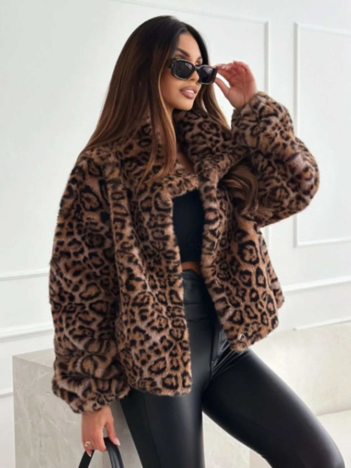 معطف قصير فضفاض مبطن بالصوف للخريف والشتاء، كارديجان بنقشة الفهد بأسلوب الشارع، مزيج من البوليستر بأكمام طويلة