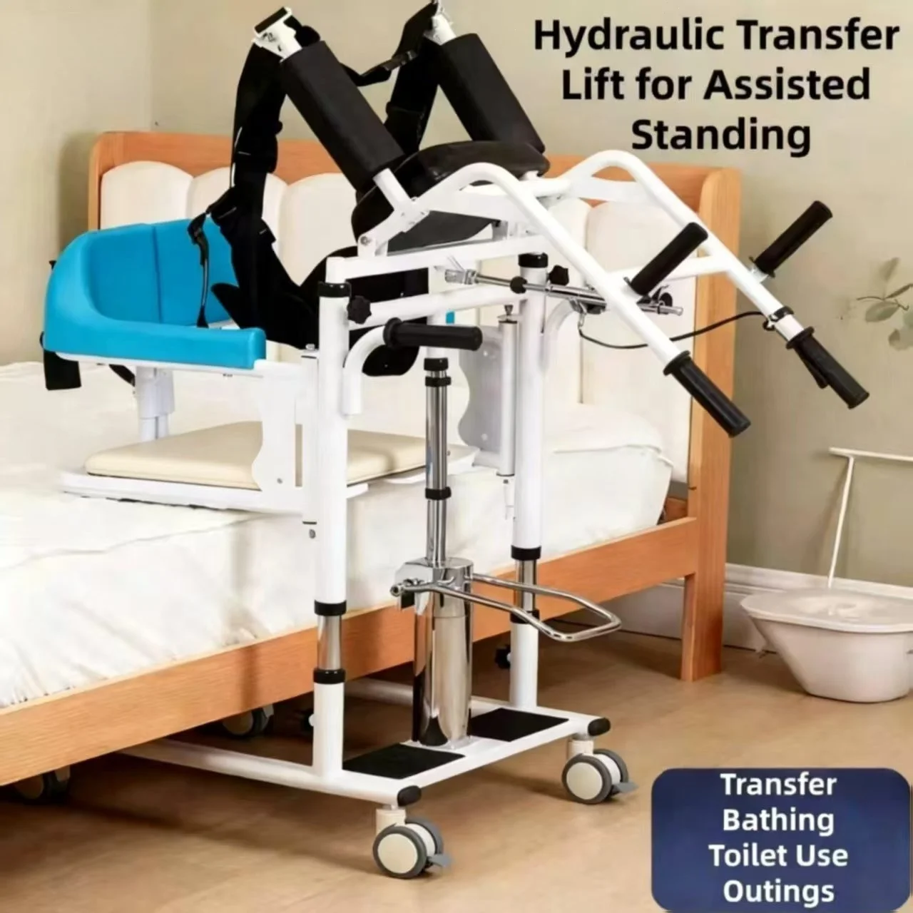 Chaise de transfert hydraulique 4-en-1 CE, fauteuil de douche et de toilette pour personnes âgées et handicapées, réglable en hauteur, capacité 330 LBS, aide à domicile