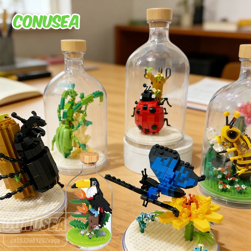 12 Styles bouteille Micro blocs de construction d'animaux Mini briques insectes modèle ours tigre bricolage Puzzle jouets pour enfants cadeaux d'anniversaire