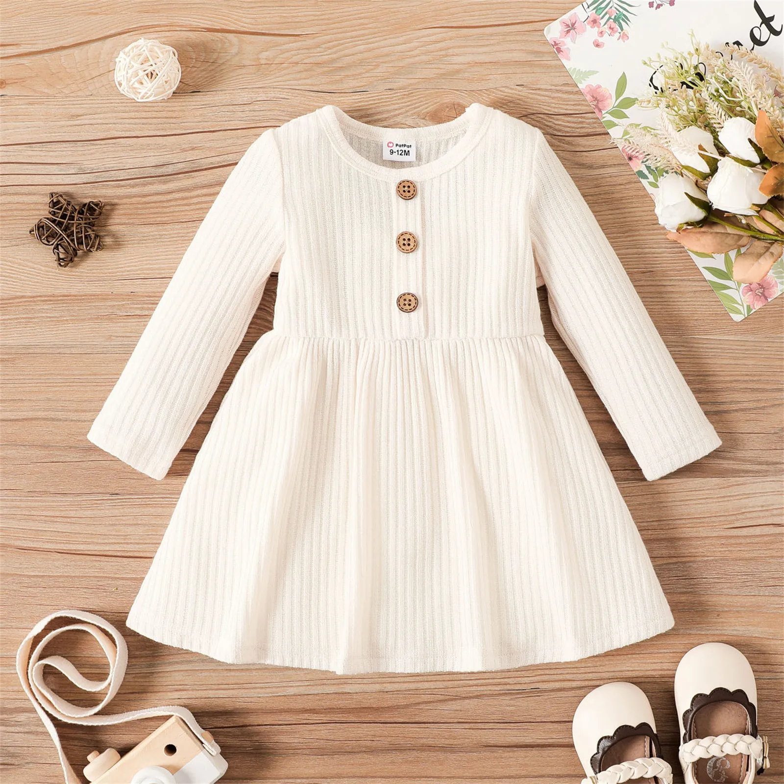 PatPat Baby Girl Button Front Solid Rib Knit Long-sleeve Dress