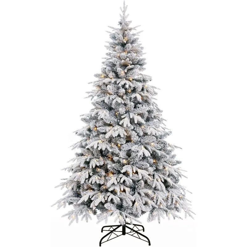 

7ft Flocked Christmas Tree Prelit w/ 873 PE&PVC Mixed Tips, 330 Warm White LED Lights, Foldable Metal Stand