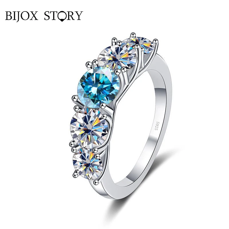 BIJOX STORY 18k Plated 3.6CT Moissanite Rings for Women 5 Stones Sparkling Diamond Wedding Band S925 Sterling Silver Jewelry GRA