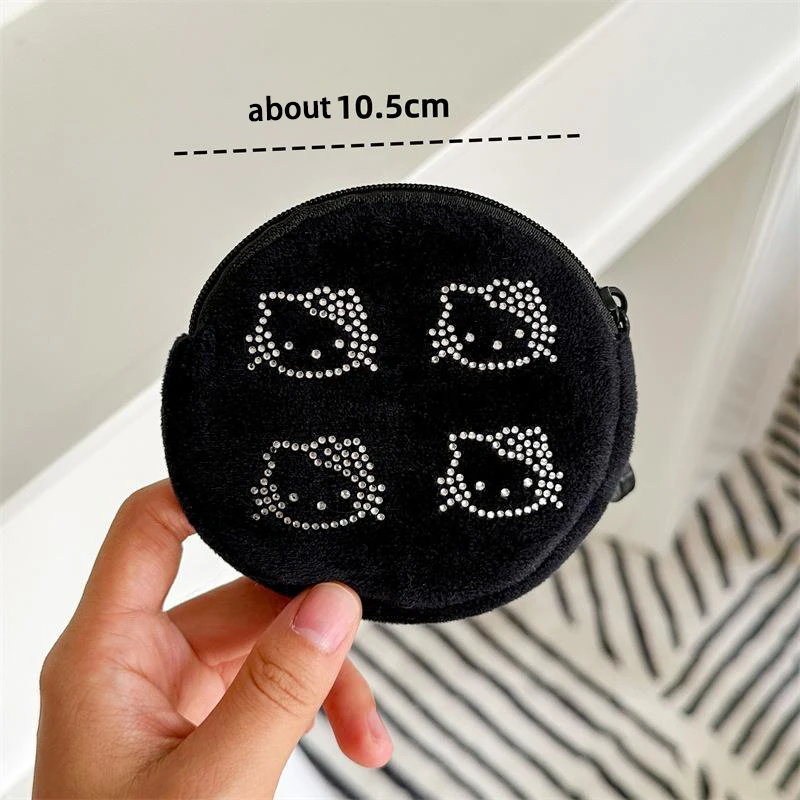 Hello Kitty Zero Wallet Kawaii Hello Kitty Rhinestone Wallet Black Premium Plush Coin Purse Multifunctional Mini Storage Bag