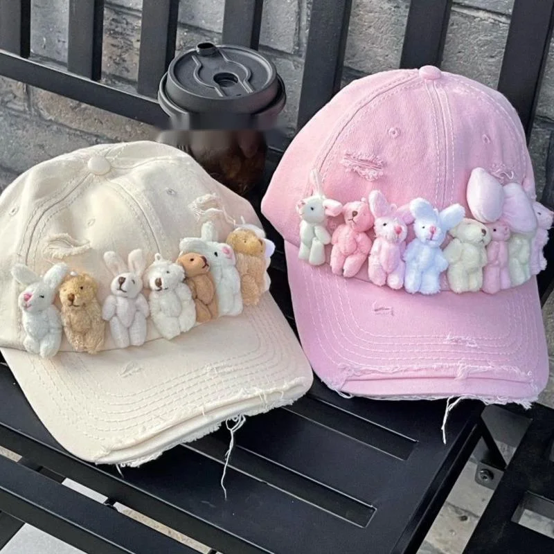 Cartoon Bear Rabbit Shape Baseball Caps Dacron Plush Material Brown Pink White Optional Fashion Versatile Decoration Peaked Caps