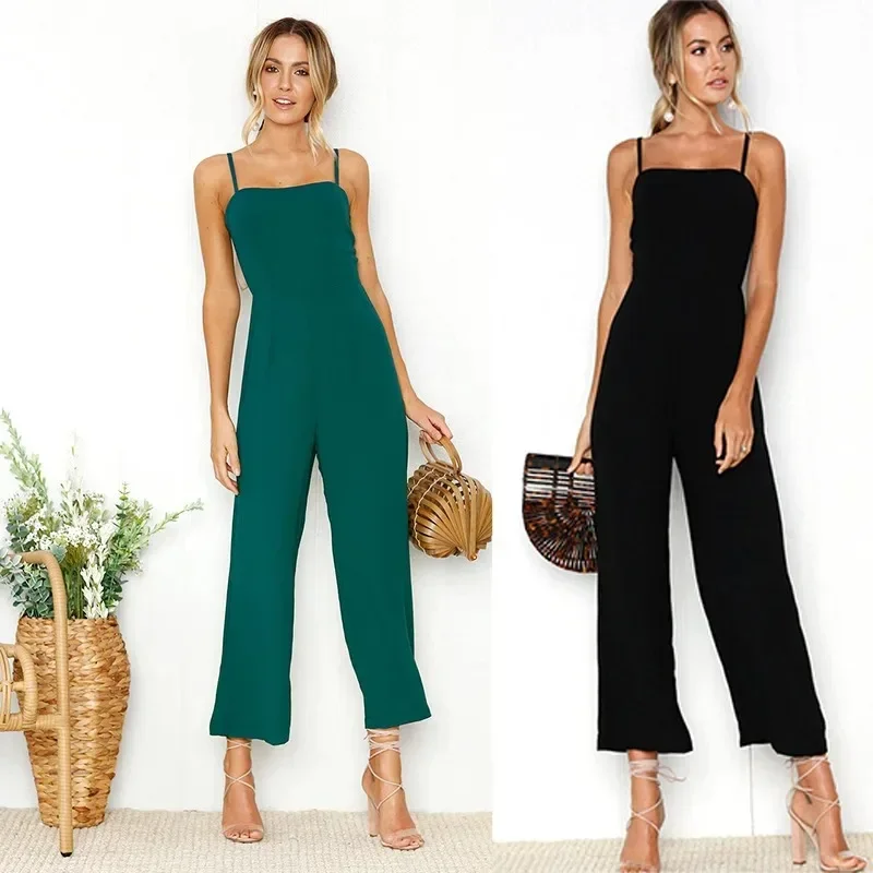 2023 Women\'s Sexy Spaghetti Strap Green Joker High Waist Wide Leg Jumpsuits Solid Elegant Daily Spring European and American