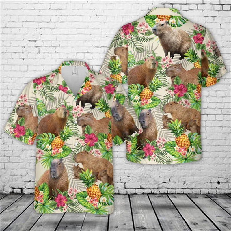 Camisas Gráficas Divertidas de Capivara para Homens, Camisa Havaiana com Estampa 3D, Manga Curta, Estilo Y2K, Blusa Fofa com Gola Lapela para Homens e