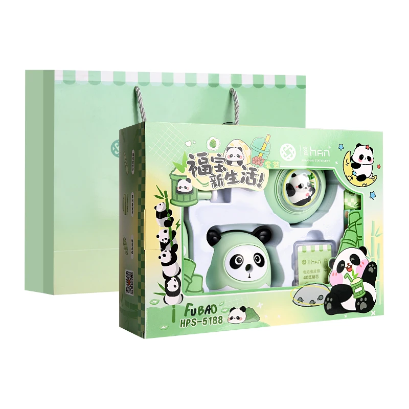 Cartoon panda-themed electric stationery set, a school supplies set that includes a pencil sharpener, an eraser a vacuum cleaner