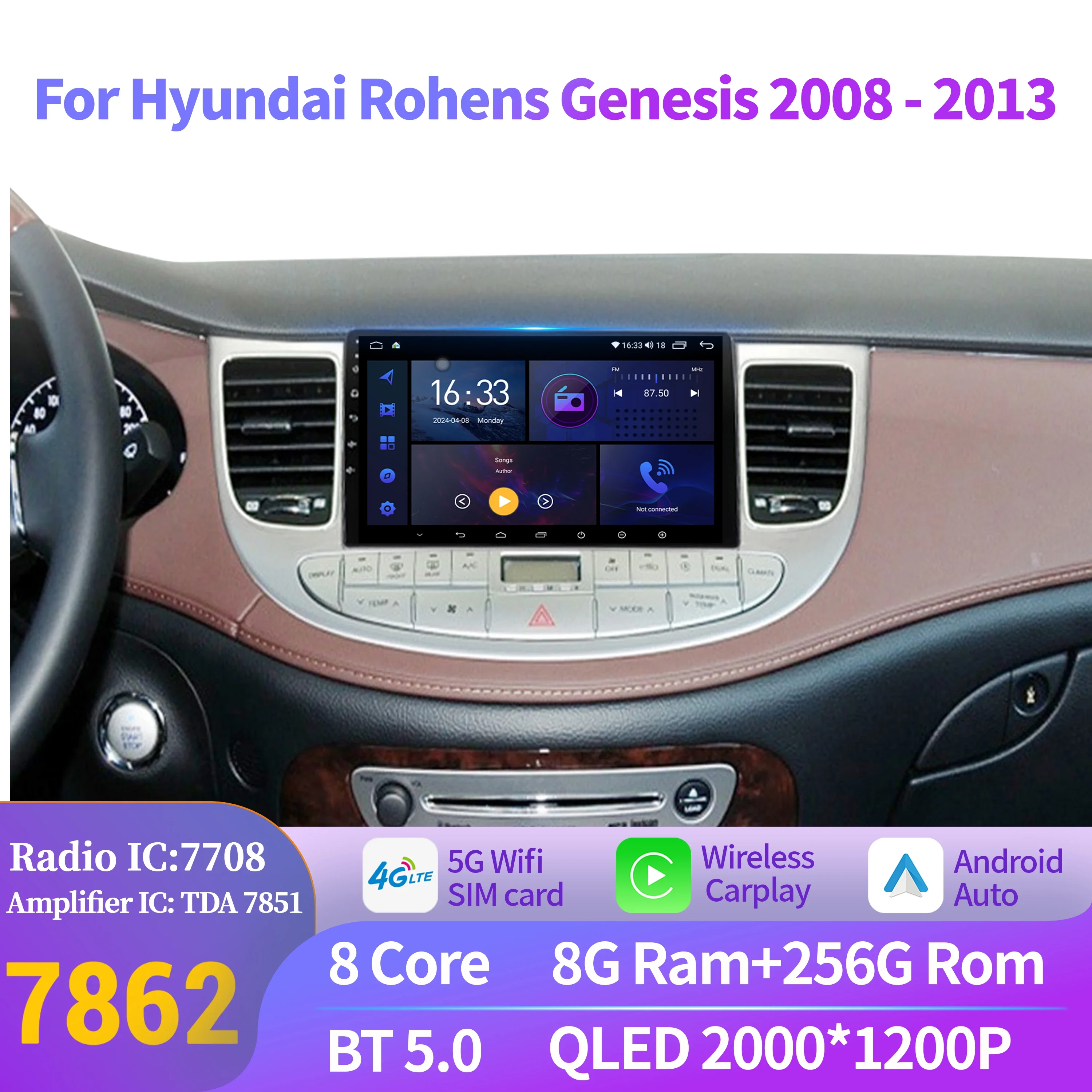 

Android 14 For Hyundai Rohens Genesis 2008-2013 Auto Car Radio Multimedia Navigation Wireless BT Carplay 2K QLED Screen