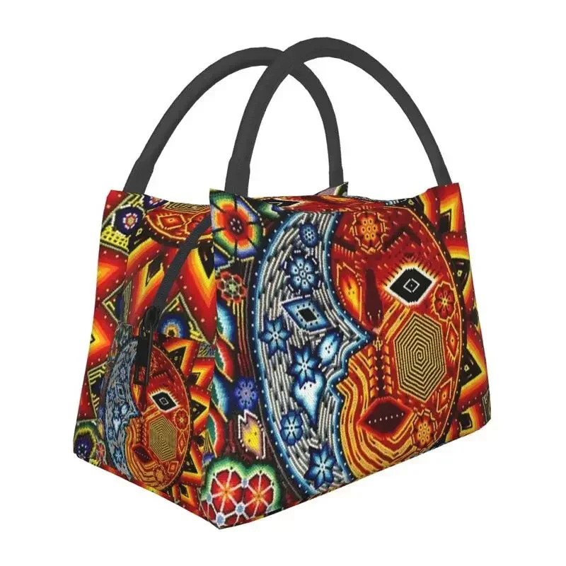 Sun Art Huichol Boho Insulated Lunch Tote Bag for Women Mexican Flower Day of The Dead Portable Cooler Thermal Bento Box