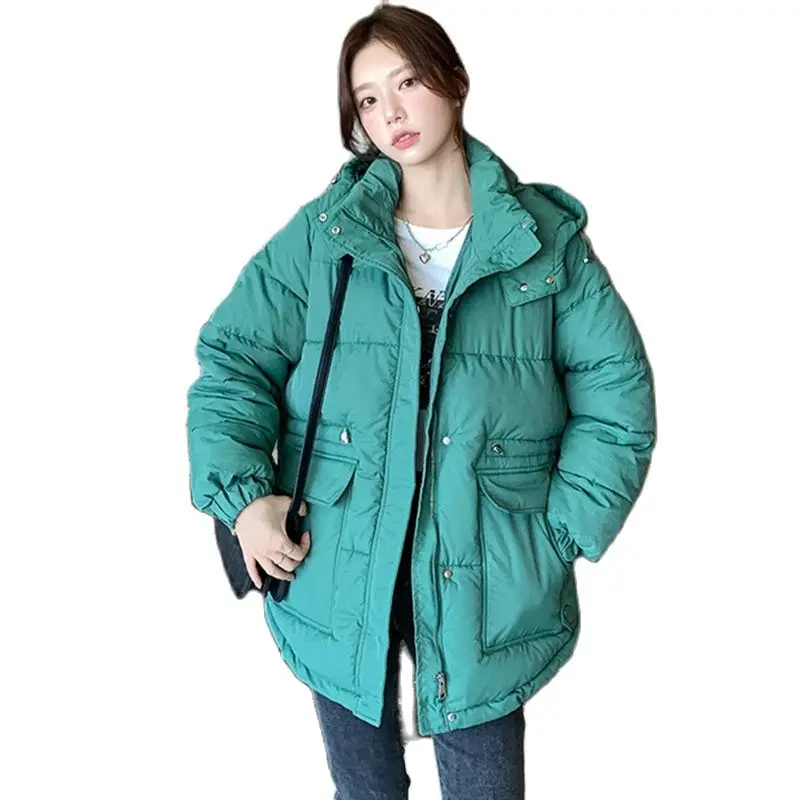

Women Parkas 2022 New Winter Jackets Slim Waist Drawstring Stand Collar Long Sleeve Solid Hooded Coat Fashion Outwear Female Top