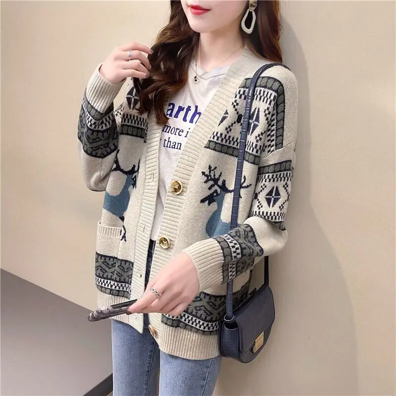 Women\'s V-neck Long Sleeve Vintage Fold Cartoon Sweater Spring and Autumn New Loose Fashion Pocket Button Knitted Cardigan Coat