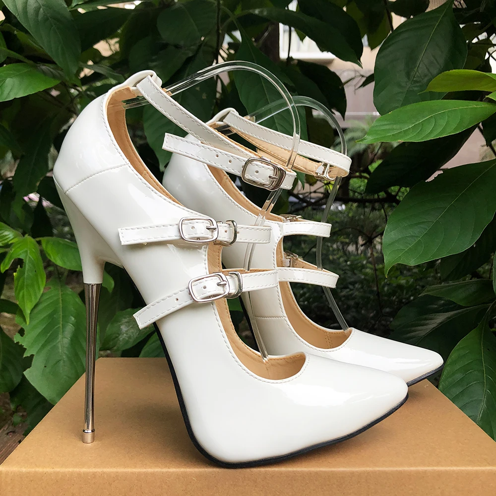 16cm White Super Metal High Heels Women Sexy Ankle Strap Stilettos Pumps Man Fetish Instep Strap Crossdresser Unisex Shoes