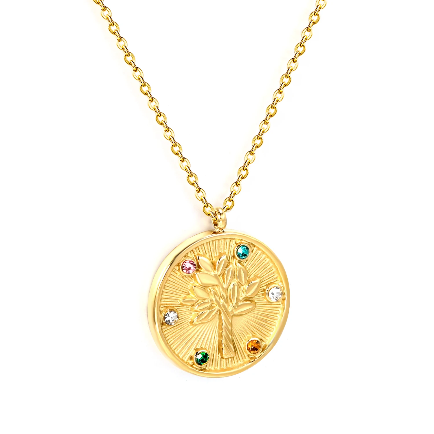LUXUSTEEL Stainless Steel Necklace For Women Cute Tree Of Life Iniaid Round Colorful Cubic Zirconia Pendant Necklace Collars