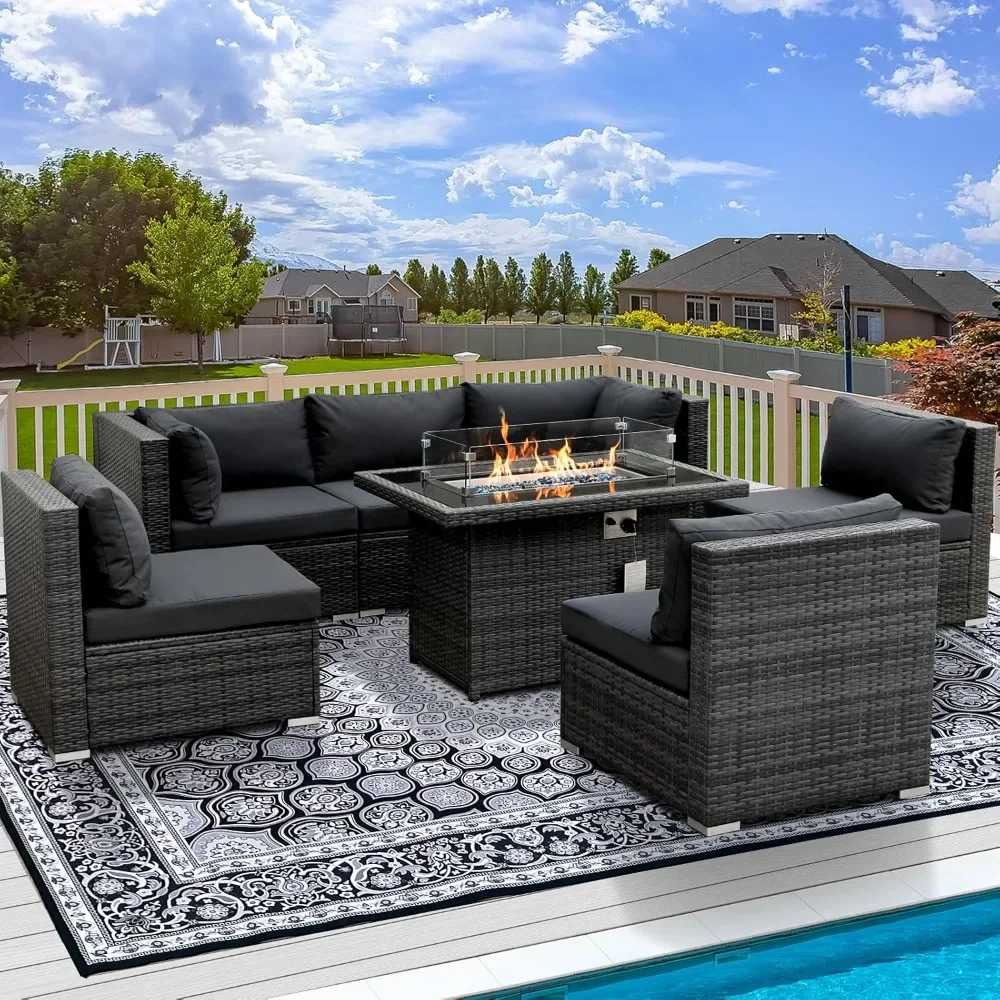 

7 Pieces Wicker Patio Furniture Set High Back Sofa with Propane Fire Pit Table 55000 BTU Balcony Rattan Conversation Set