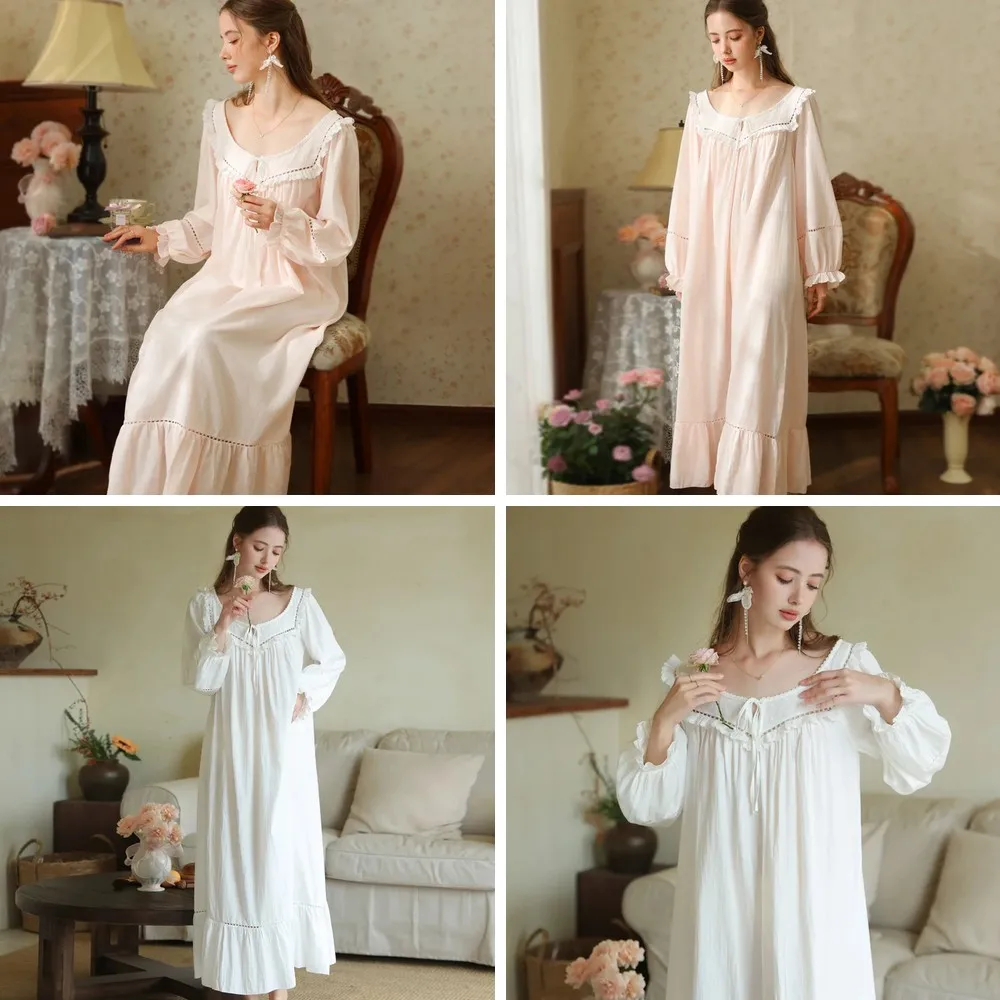 

Women's Cotton Nightgown Long Sleeve Sleepwear, Spring Autumn Lace Trim Home Dress Nightshirt for Women
