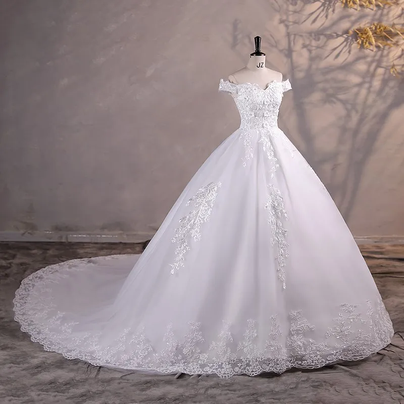 Neu von der Schulter Spitze Brautkleid Applikation Perlen Brautkleid mit Zug Ballkleid Prinzessin klassische Brautkleider