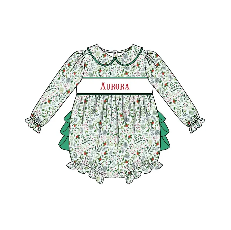 Ropa de algodón personalizable para niña y bebé, modelos de preventa, pelele Floral verde, celosía roja, conjuntos de Ropa con lazo