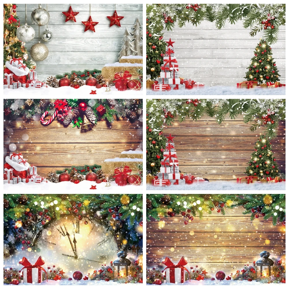 

Wooden Board Christmas Photography Backdrop Golden Glitter Green Leaves Balloon Gifts Christmas Decor Kids Portrait Background