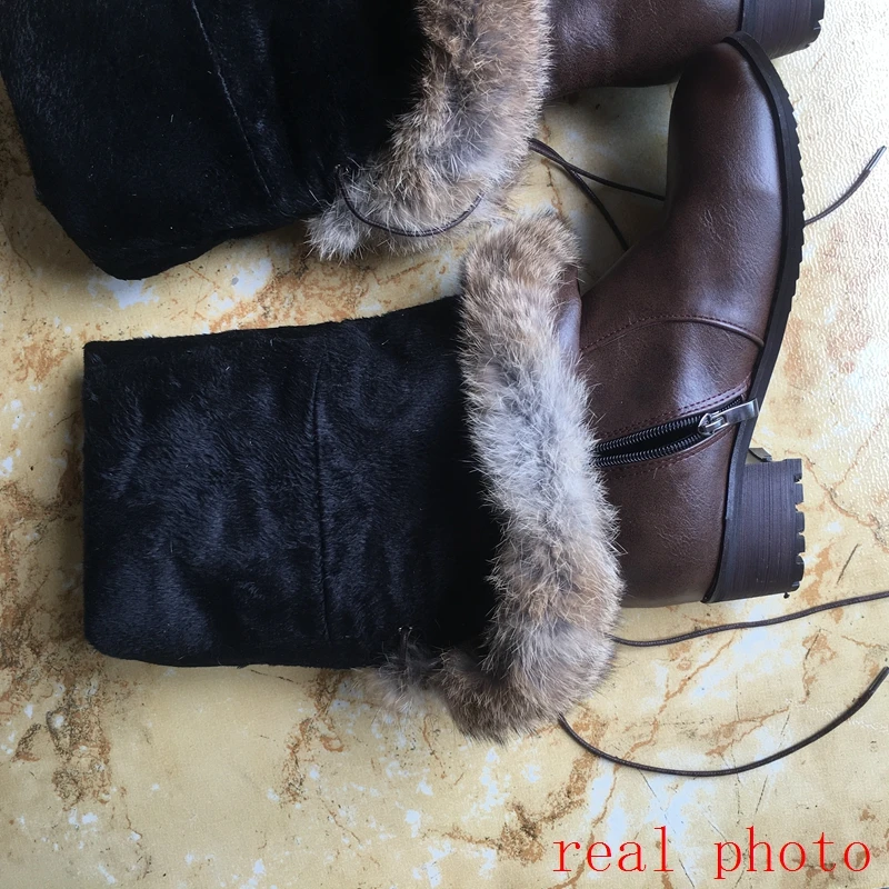 REAVE CAT Snow Boots fur Women Leather Boots Med Block Heels Over The Knee Boots Lady Shoes Bota Feminina Size 44 46