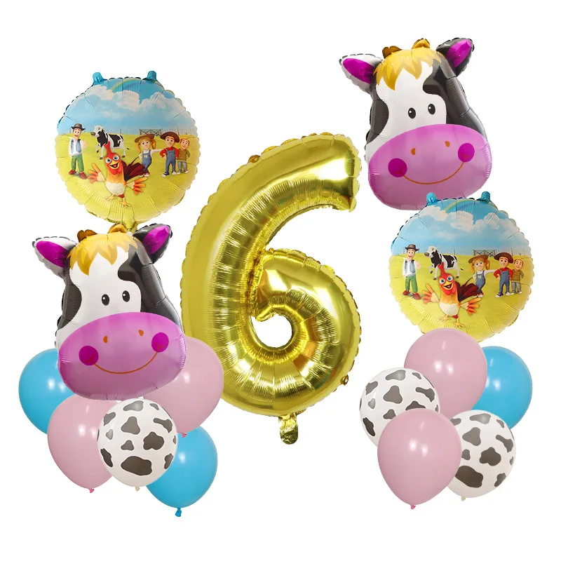 15pcs Cow Neddy Animal Foil Balloons Farm Theme Party Decoration Kid Birthday Party Kids Toys 1 2 4 5th Baby Shower Supplies