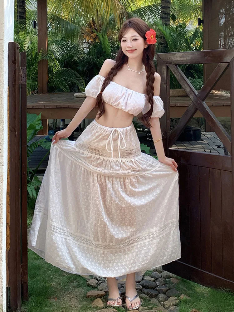 Sexy Pure Desire White Embroidery One oulder Bikini Tee Piece Set Separate Long Skirt Beach Vaion Swimsuit for Women