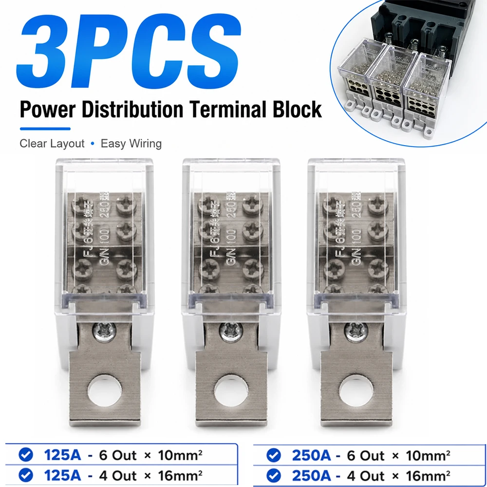 125A/250A Din Rail Terminal Block Distribution Box, 1 In 4/6 Out Power Junction Box, 10/16mm² Wire Connector for Circuit Breaker