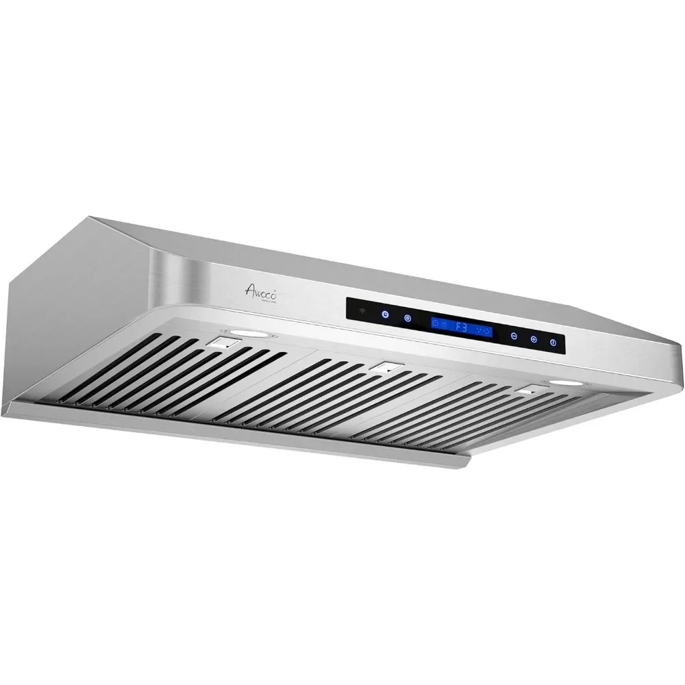 30 Inch Range Hood, 7” High Stainless Steel Under Cabinet Range Hood 4 Speeds, 8” Round Top Vent, 1000CFM 2 LED Lights