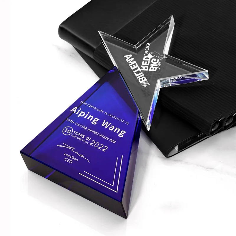 Blue Crystal Glass Pentagram Trophy Awards Free Customization Engrave Logo Text Company Annual Meeting Awards Souvenirs