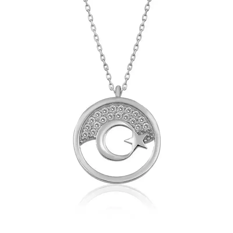 Silver Moon Star Women 'S Necklace Zircon Stone 925 Sterling Women Fine Jewelry Wedding Party Birthday Gift - Box - Pendant - Chain Choker - Female - Ladies - Fashion