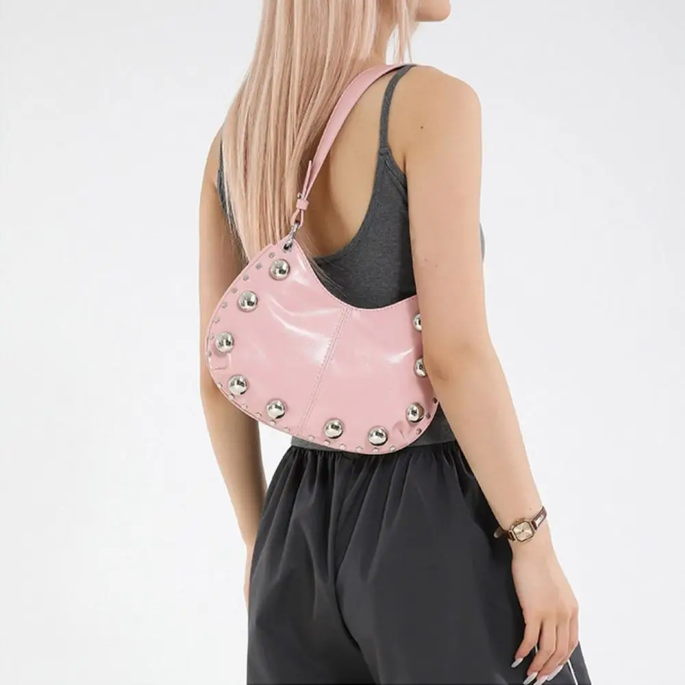 

Sweet Crossbody Bag Rivets PU Underarm Bag Small Pack Solid Color Punk Style Handbags Brown Korean Style Shoulder Bag Girls