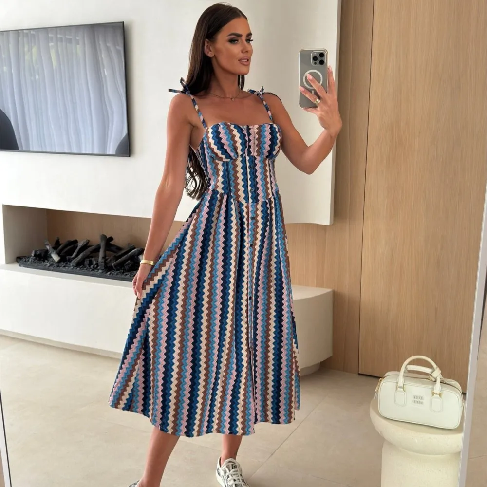 

Sexy Bow Lace-Up Long Dress Women Summer New Casual Slim Fit Dress With Suspender Print Fashion Beach Vacation Dress Ropa Mujer