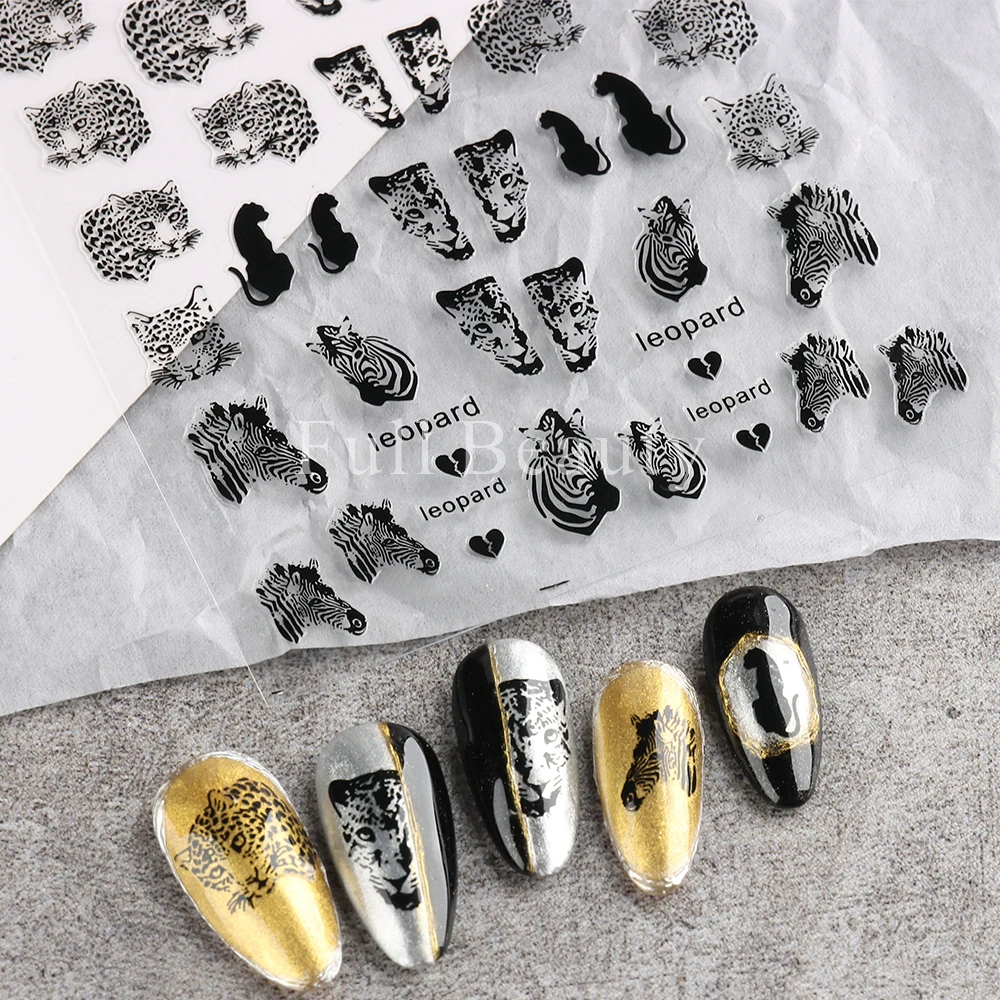 3D Leopard Nail Sticker Tiger Zebra Wild Animal Print Foils Gold Bronzing Sliders For Nails Summer Decors Manicure LEBBTF-S08