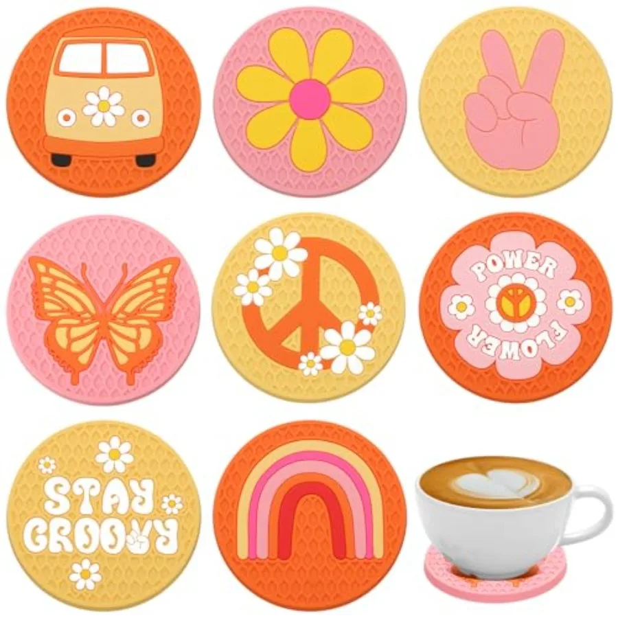 

8 Pcs Groovy Coasters Retro Hippie Bus Boho Rainbow Daisy Butterfly Aesthetic Car Cup Coasters Anti Slip Heat Resistant Car Cup