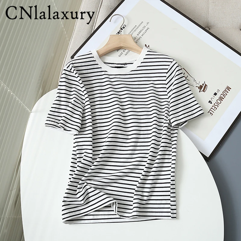 CNlalaxury 2022 Women Striped Cotton T Shirt Short Sleeve O Neck Tees Ladies Casual Chic Tee Shirt Street Wear Tops