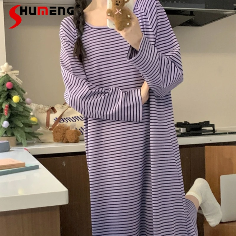 

Striped Wearable Nightdress for Ladies Fashionable Loose Nightgown Girls Japanese Style Casual Sleepshirts Women's Underwear