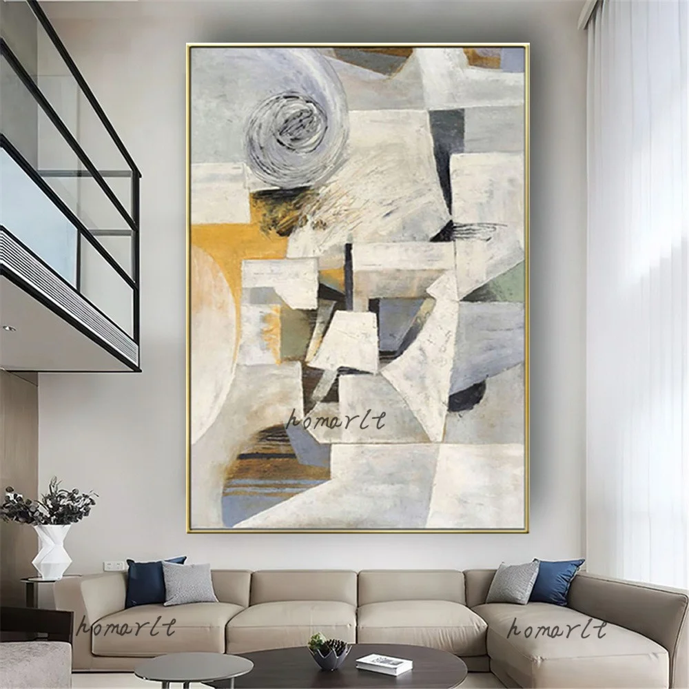 

Modern Cubism Geometry Pattern 100% Hand-Painted Abstract Oil Painting On Canvas Drawing Wall Art For Living Room Home Decor