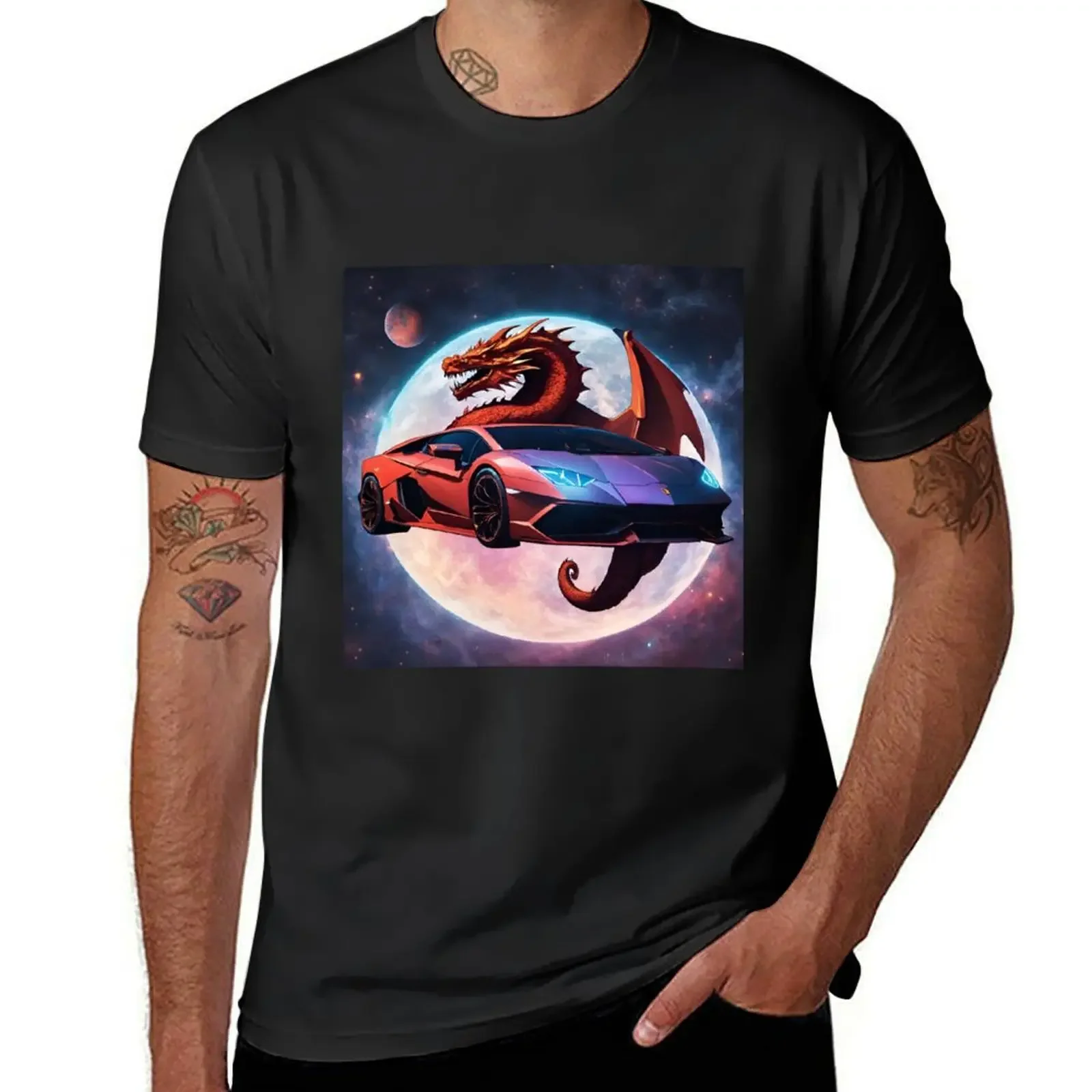 a lambo in the galaxy with a dragon taking over T-Shirt cute tops new edition funnys plain black t shirts men