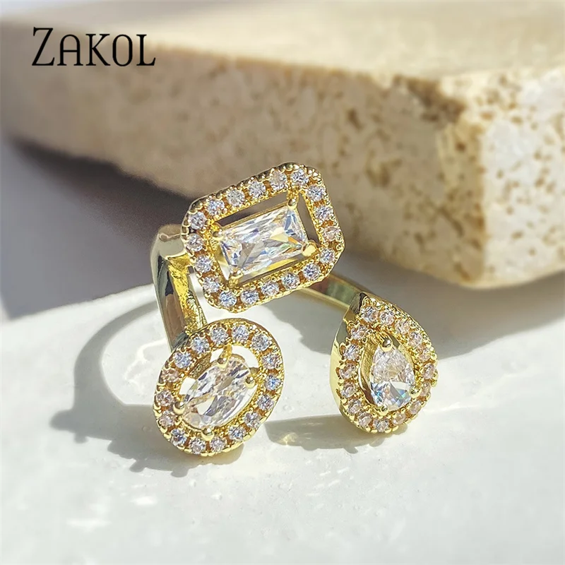 ZAKOL Fashion Geometric Zircon Open Ring for Women Shiny Cubic Zirconia Finger Rings Ins Wedding Party Jewelry