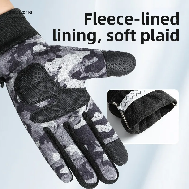 Men Winter Warm Thermal Velvet Gloves Thickened Windproof Cold Proof Touch Screen Non Slip Outdoor Cycling Running Hiking
