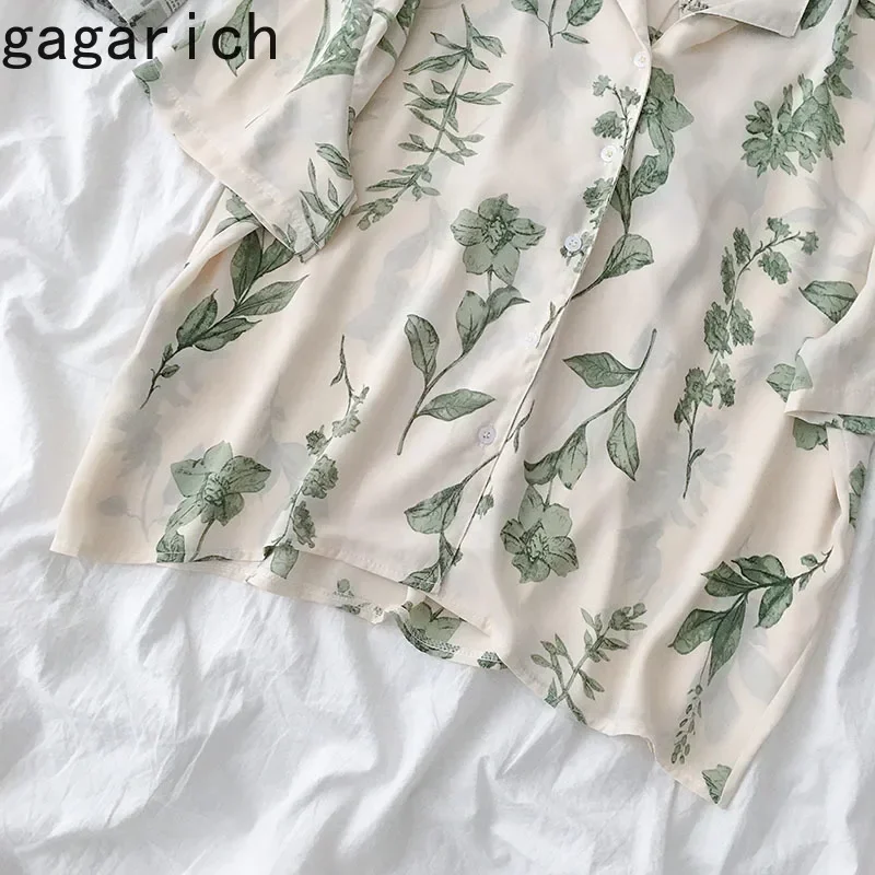 Gagarich Women Blouses Vintage Floral Short Sleeve Chiffon Notched Elegant See Through Beach Streetwear Chic Female Shirt Tops