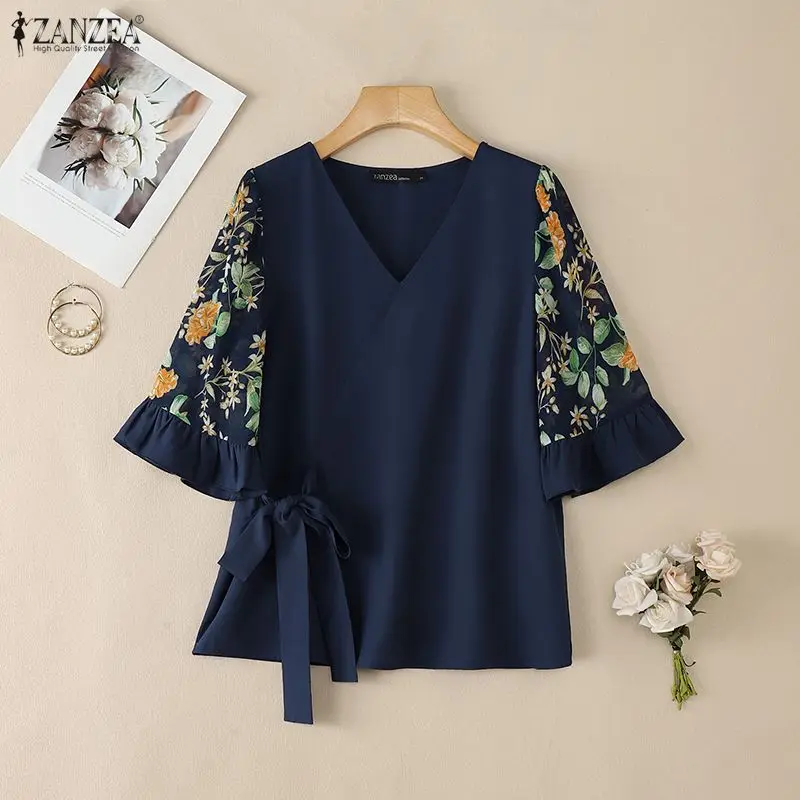 

Элегантные женские блузки с цветочным принтом и расклешенными рукавами, стильные блузки с V-образным вырезом и завязками спереди, ZANZEA, летние женские топы, размер 3XL